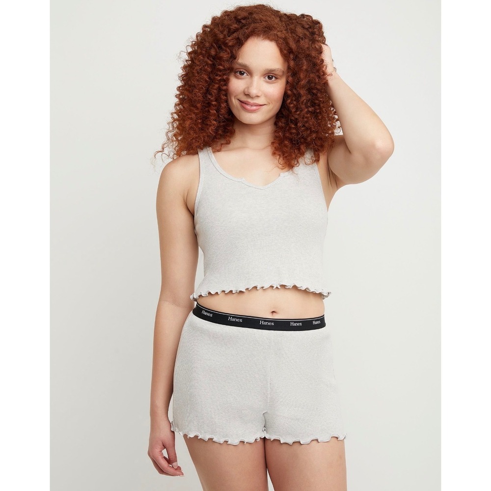 Hanes Cotton Pajama Set Coquette Girl L Gray Ribbed Crop Tank Shorts Lettuce Hem